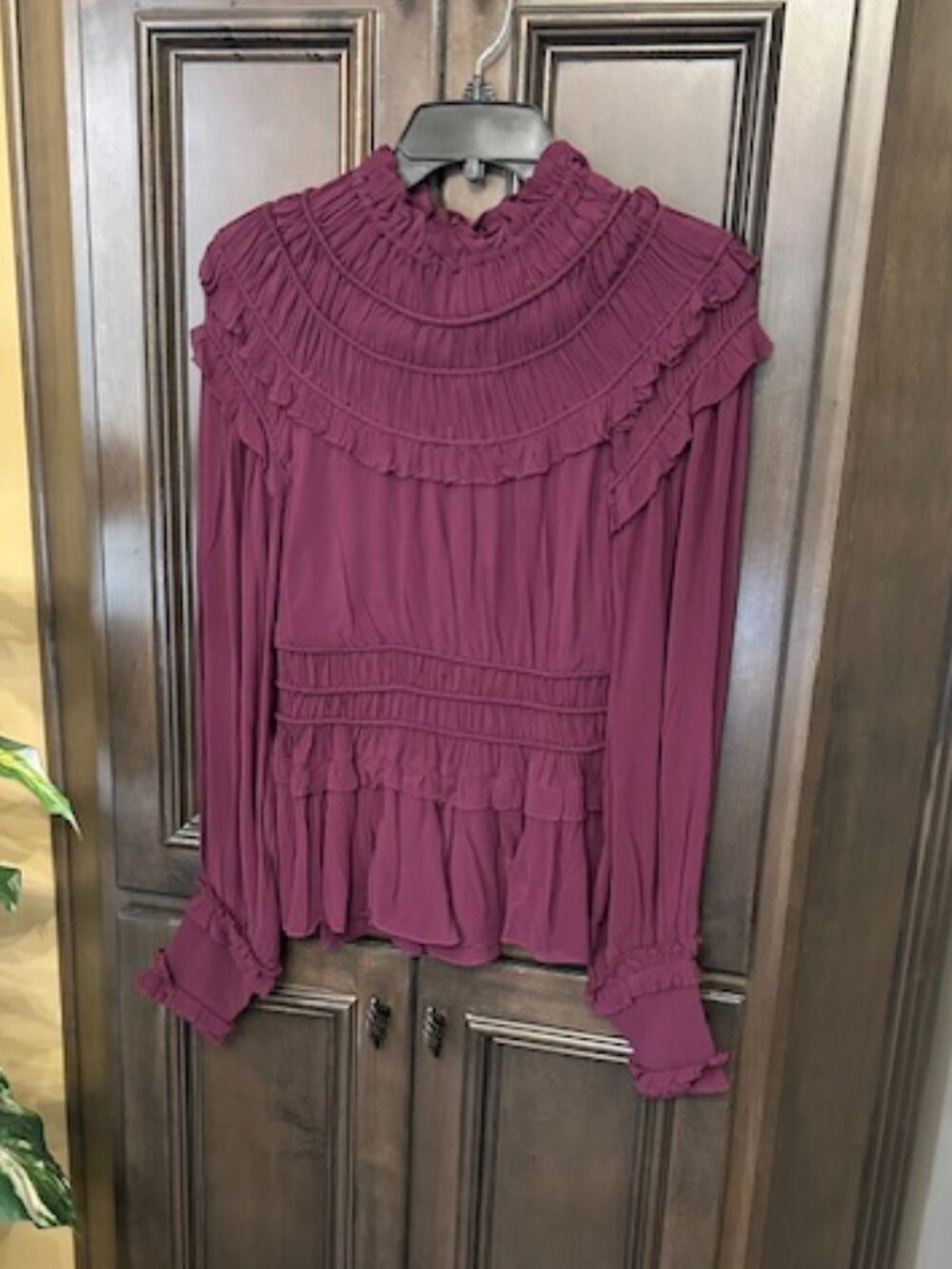 Farm Rio Burgundy Smocked Mock Turtleneck Ruffled Detail Long Sleeves Peplum Top